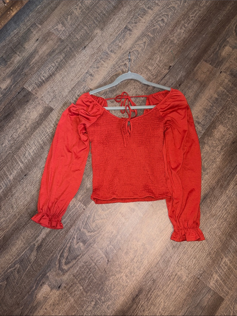 Burnt Orange Smocked Long-Sleeve Peasant Top - Women's Small